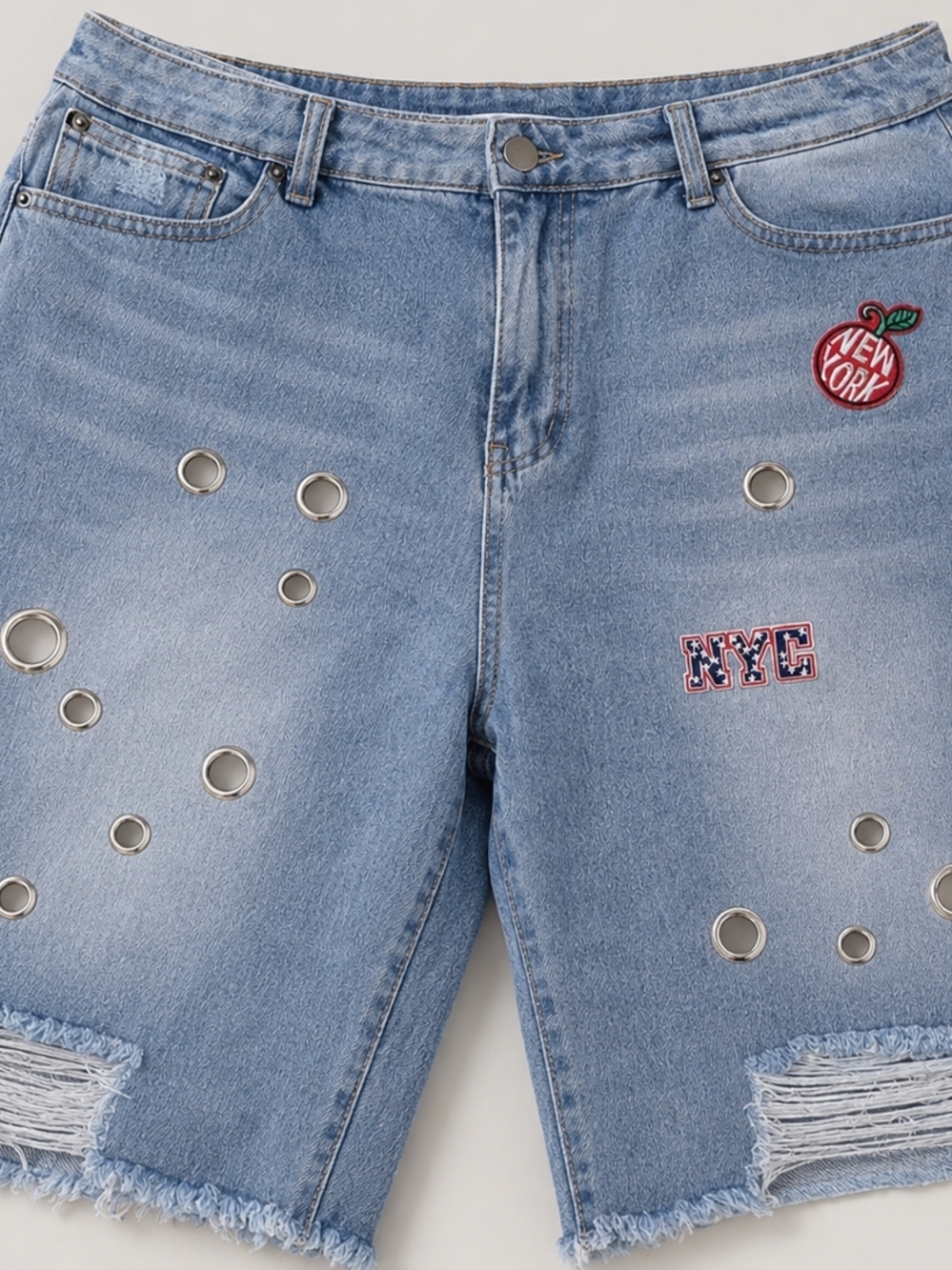 Light Blue Boyfriend Jeans Shorts with Grommet & Patch Details
